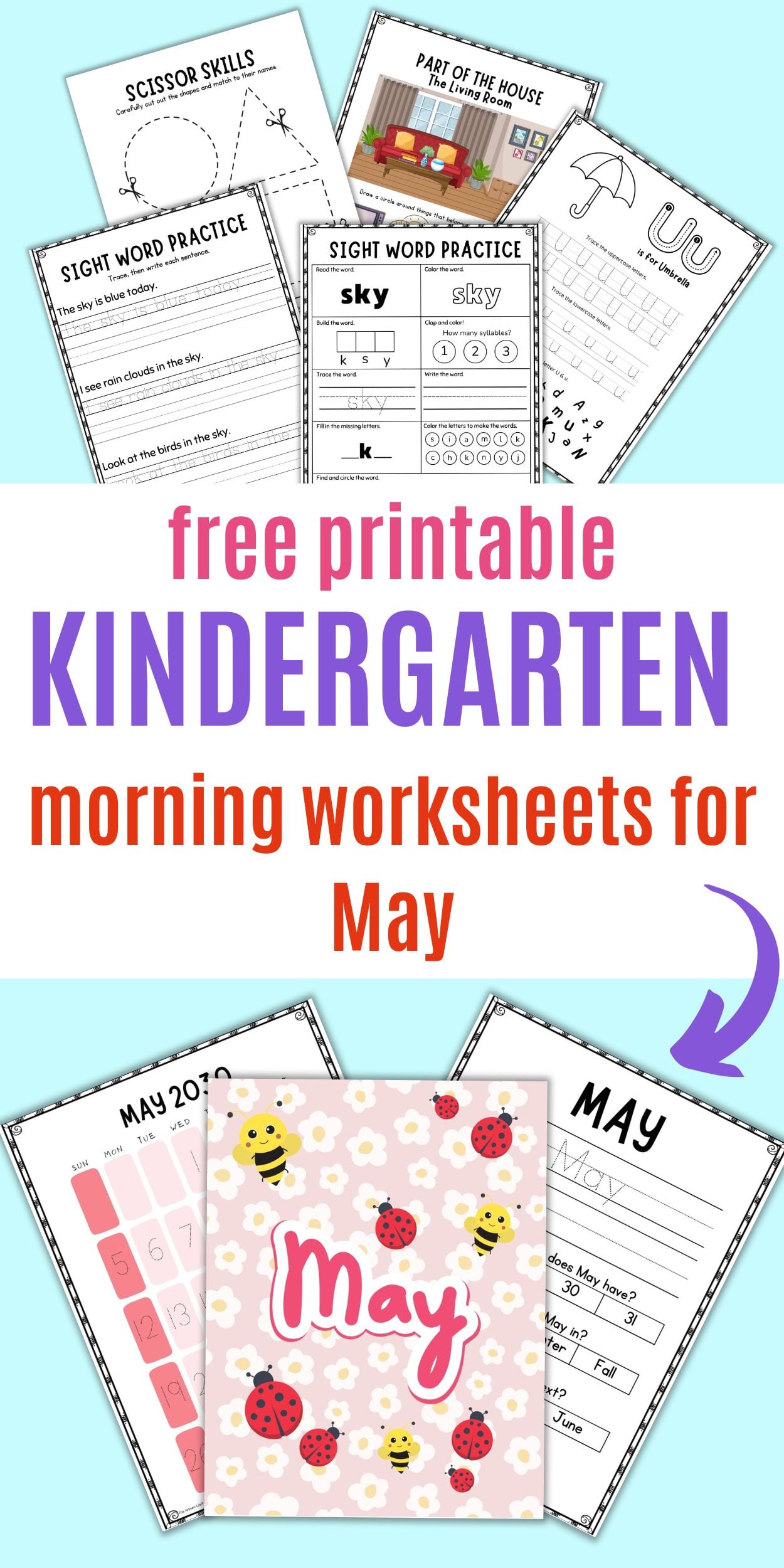 text "free printable kindergarten morning worksheets for may" with a preview of may themed morning pages for children