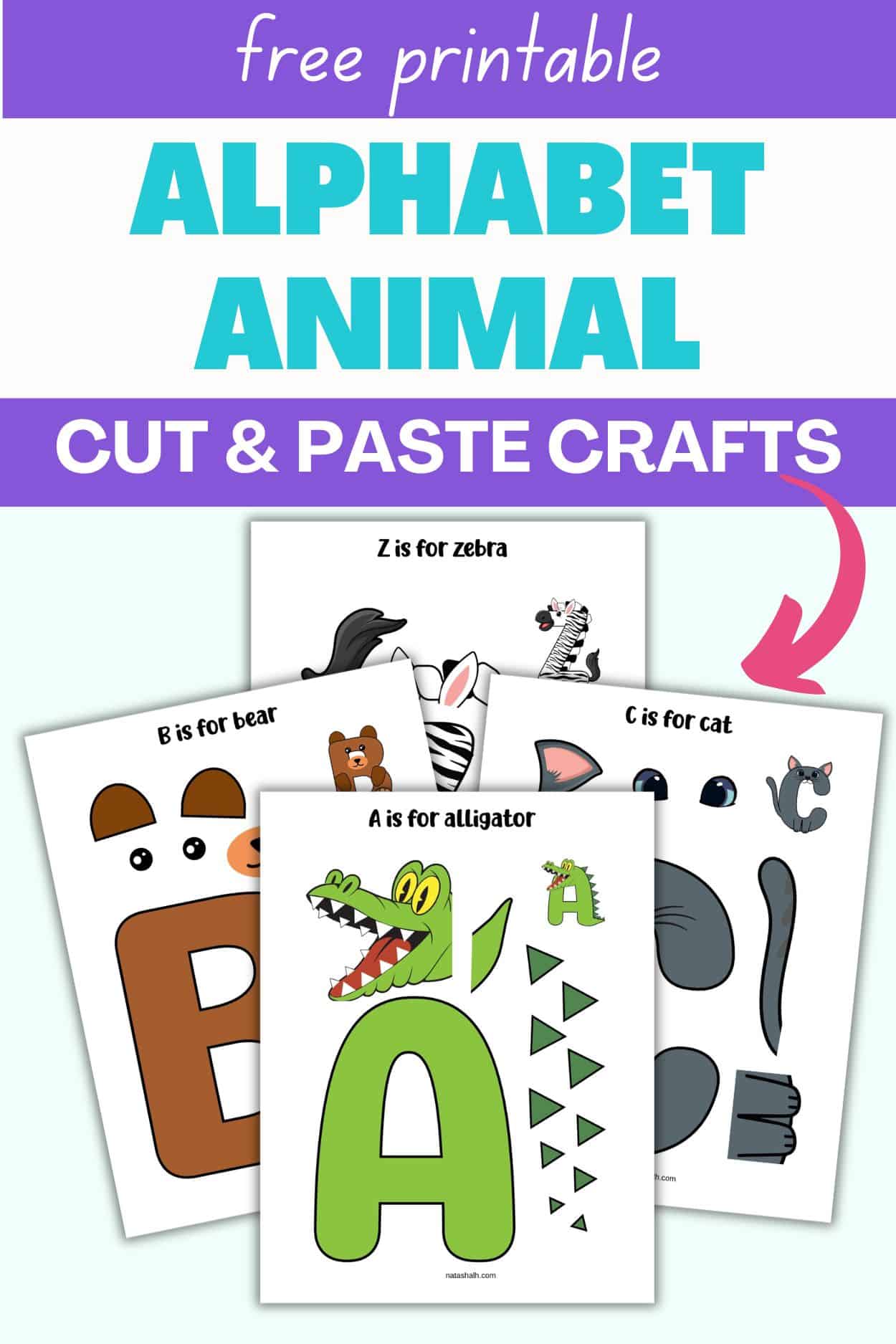text "free printable animal alphabet crafts" with a. preview of four animal alphabet crafts