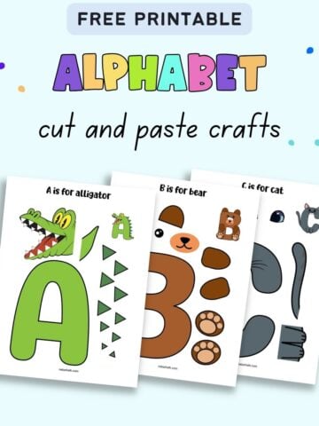 text "free printable alphabet cut and paste crafts" with a. preview of three animal cut and paste crafts for kids