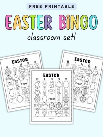 text "free printable easter bingo classroom set" with a preview of three easter bingo cards in black and white