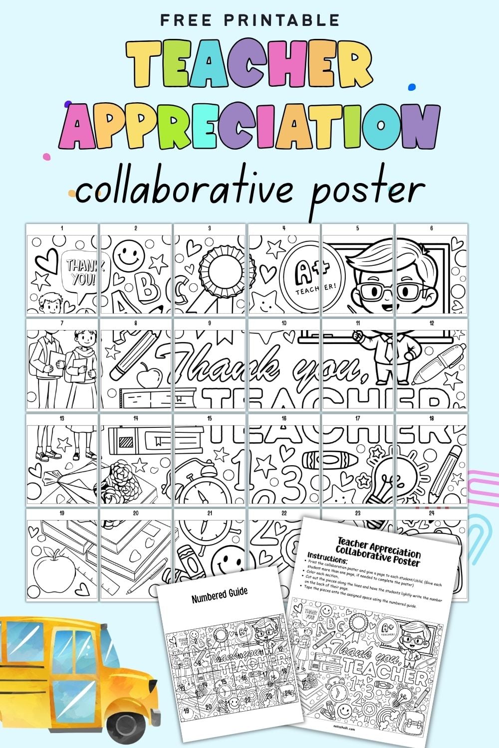 text "Free printable teacher appreciation collaborative poster" with a preview of pages for a collaborative poster