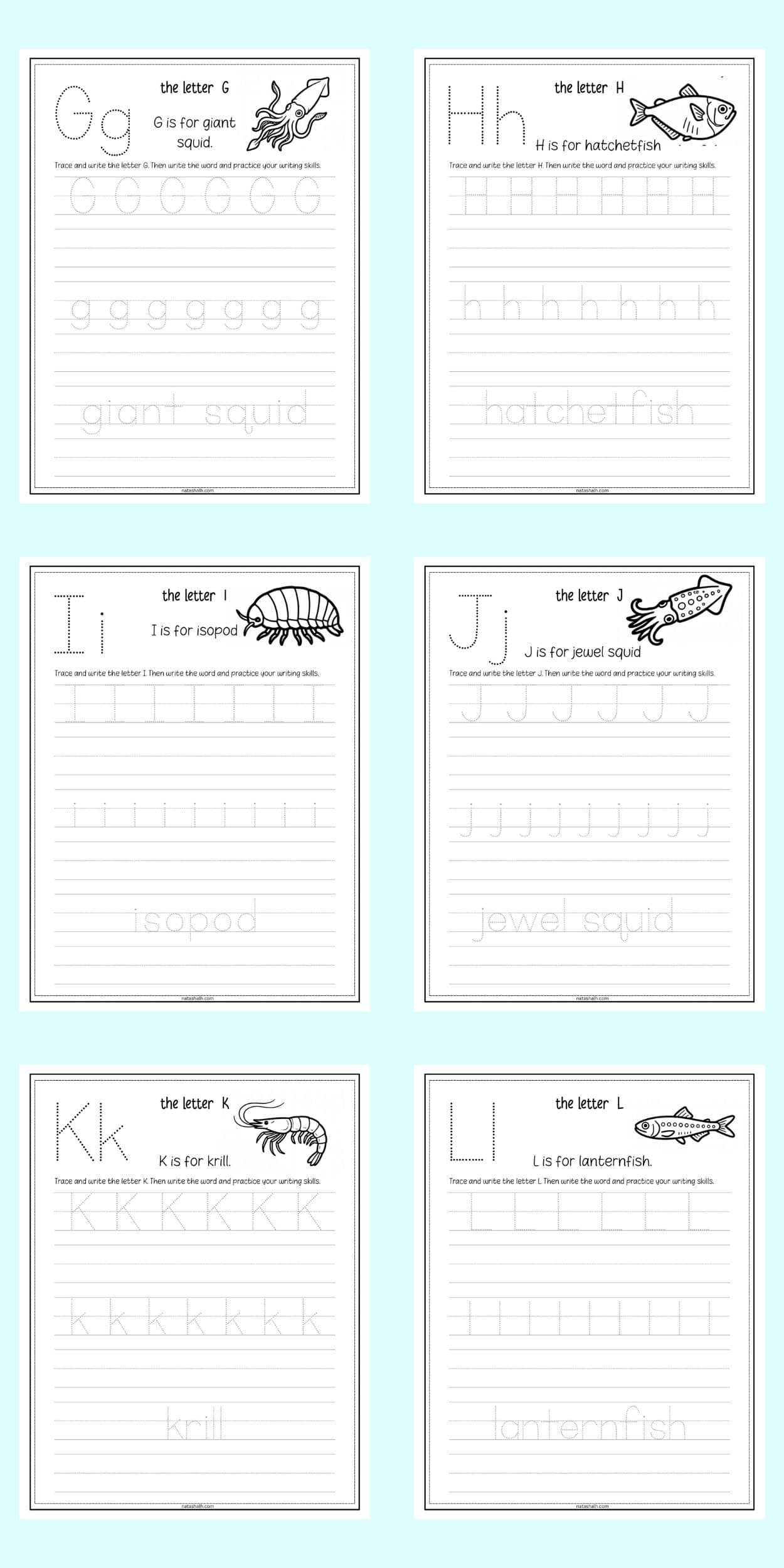 deep ocean themed alphabet tracing pages with letters g - l