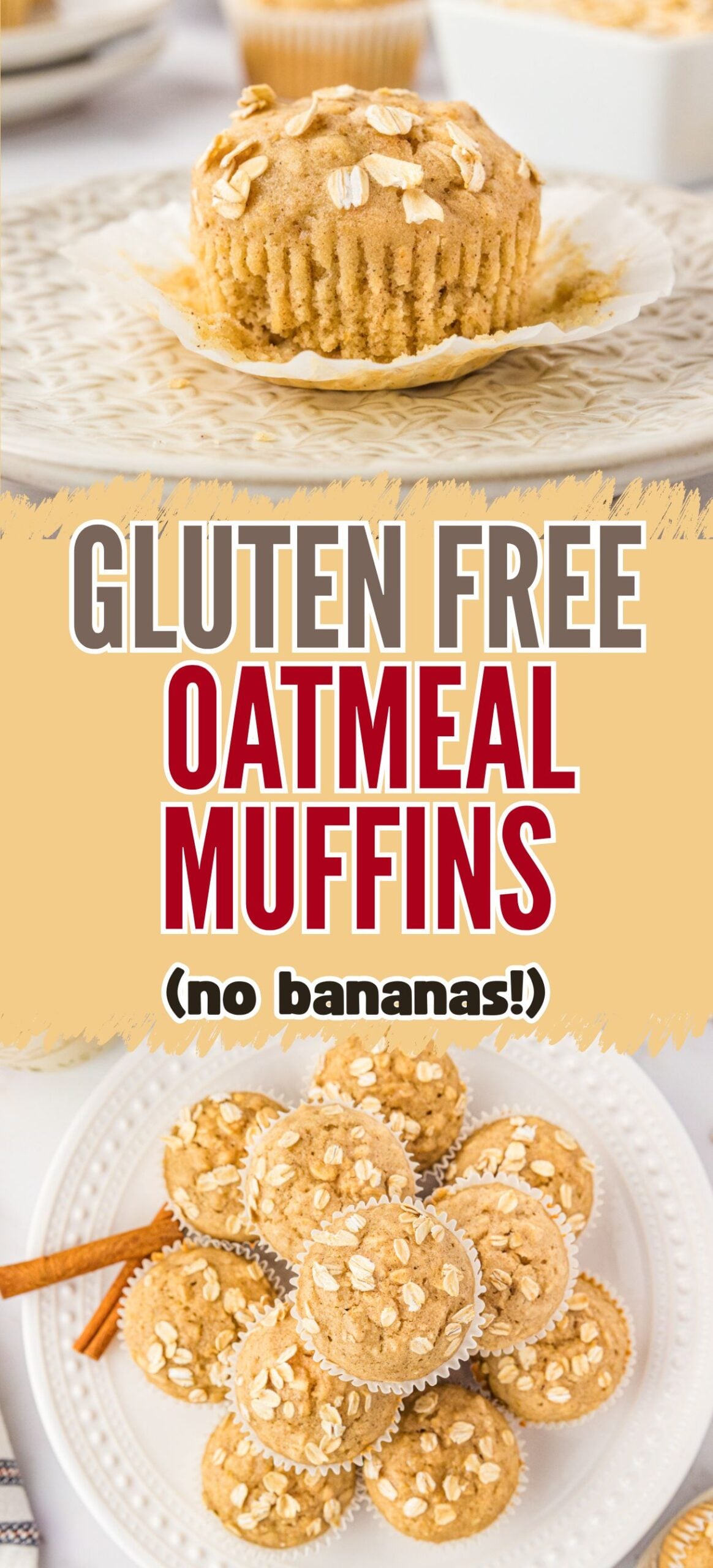 text "gluten free oatmeal muffins - no bananas!" with close up photos of oatmeal muffins