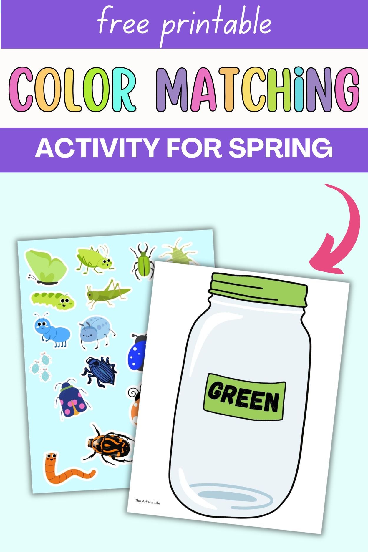 text "Free printable color matching activity for spring" with a jar and a sheet of insects to cut out and color sort