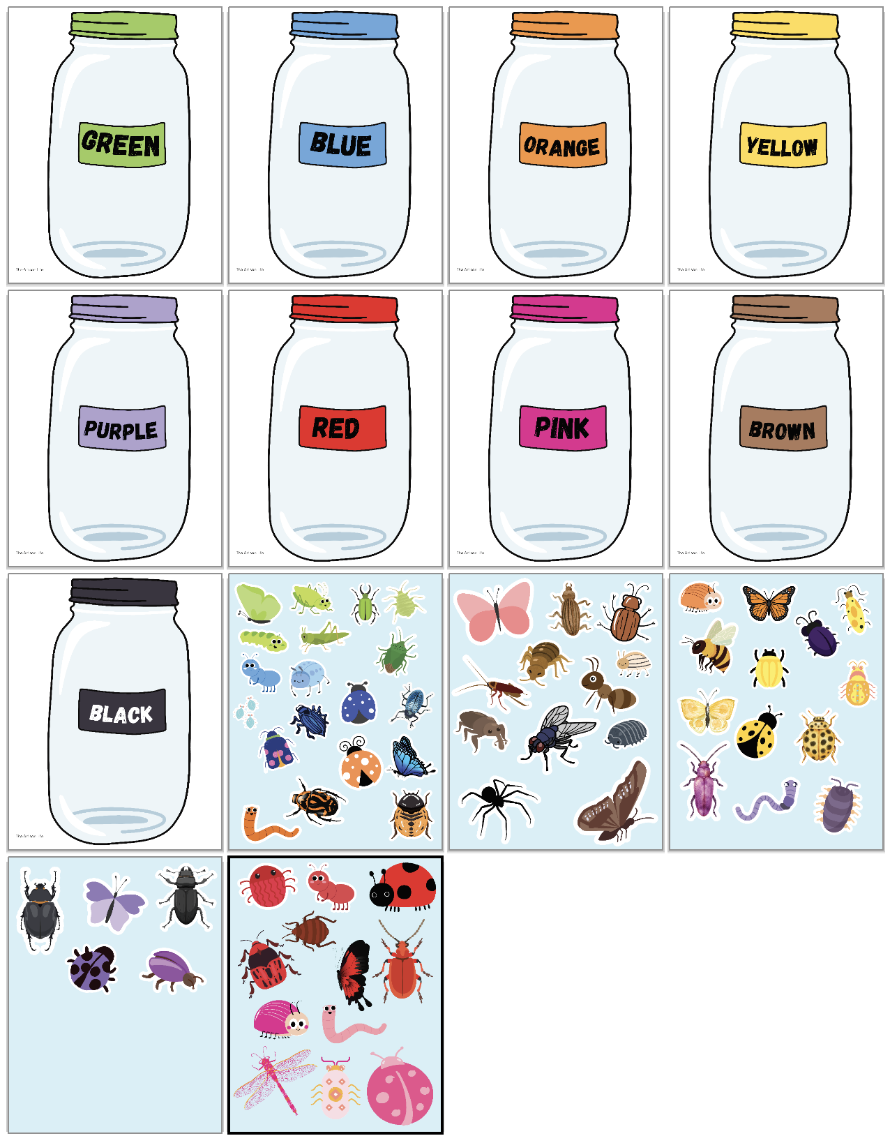 pages from a color sorting activity including printable jars and insects
