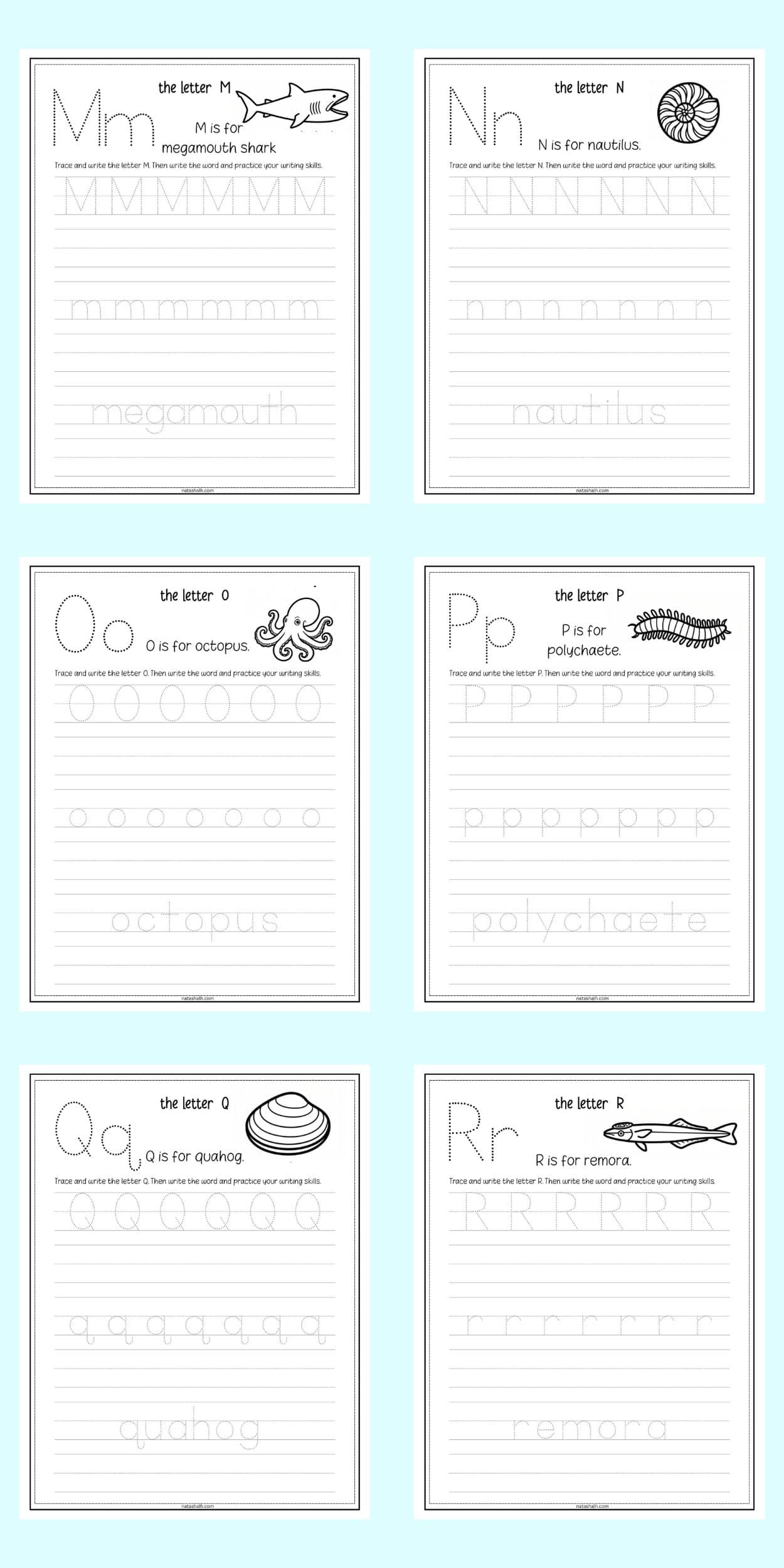 letters m - r alphabet tracing pages with a deep sea theme