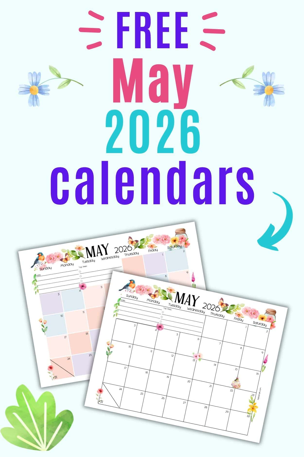 text "free printable may 2026 calendars" with a preview of two may calendar pages