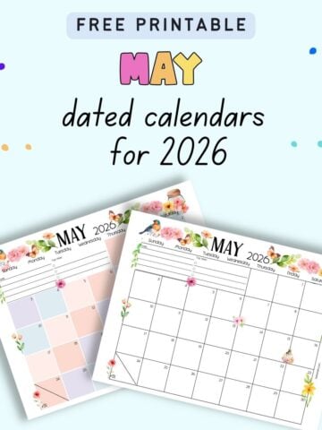 text "fre printable May dated calendars of r2026" with a preview of two printable dated calendar pages for May 2026