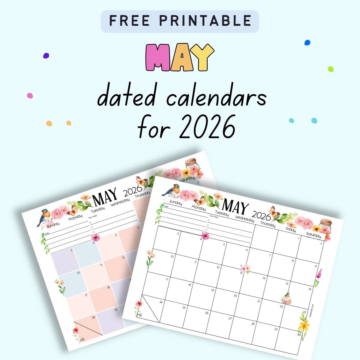 text "fre printable May dated calendars of r2026" with a preview of two printable dated calendar pages for May 2026