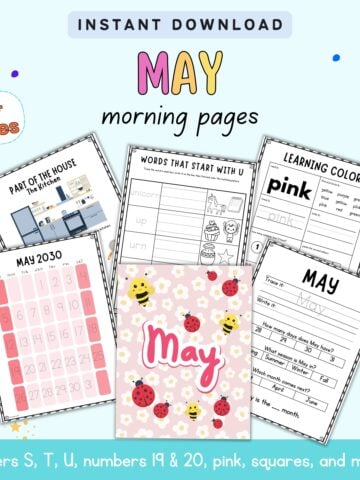 text "instant download may morning pages" with a preview of six pages of kindergarten morning work with a may theme