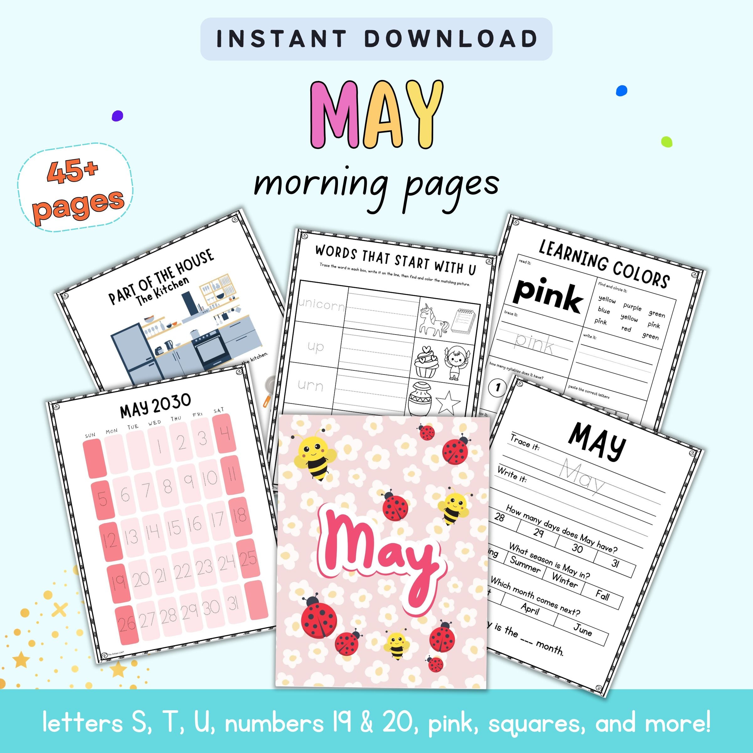 text "instant download may morning pages" with a preview of six pages of kindergarten morning work with a may theme