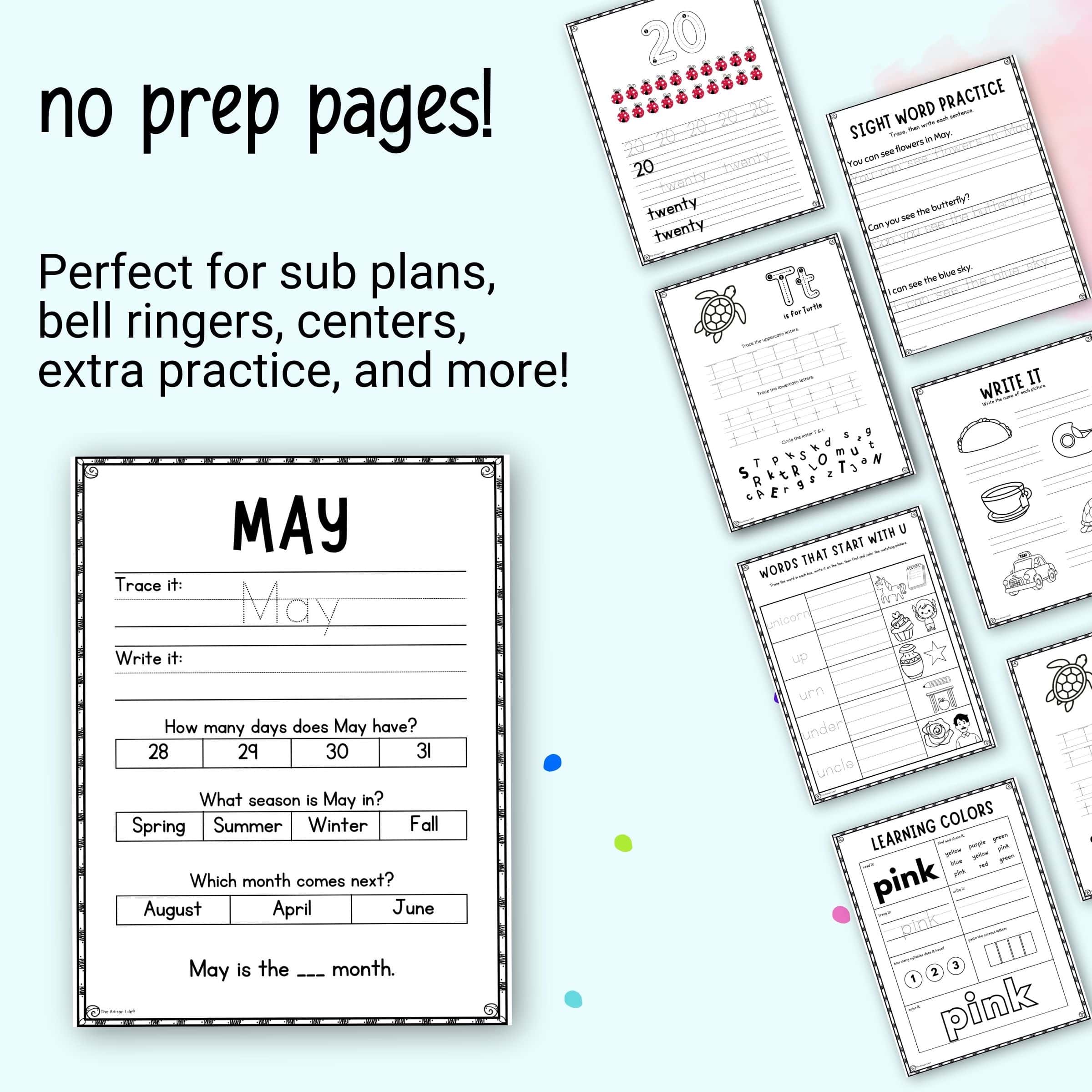 text "no prep pages! Perfect for sub plans, bell ringers, centers, extra practices and more" with a preview of kindergarten worksheets with a May theme