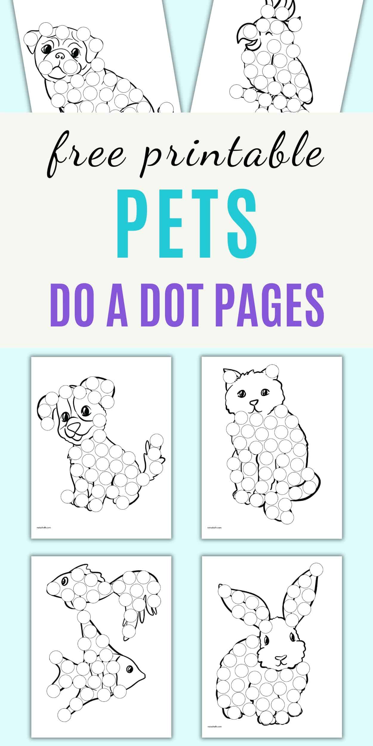 text "free printable pet do a dot pages" with a preview of six dot marker coloring pages with fish, cats, and dogs