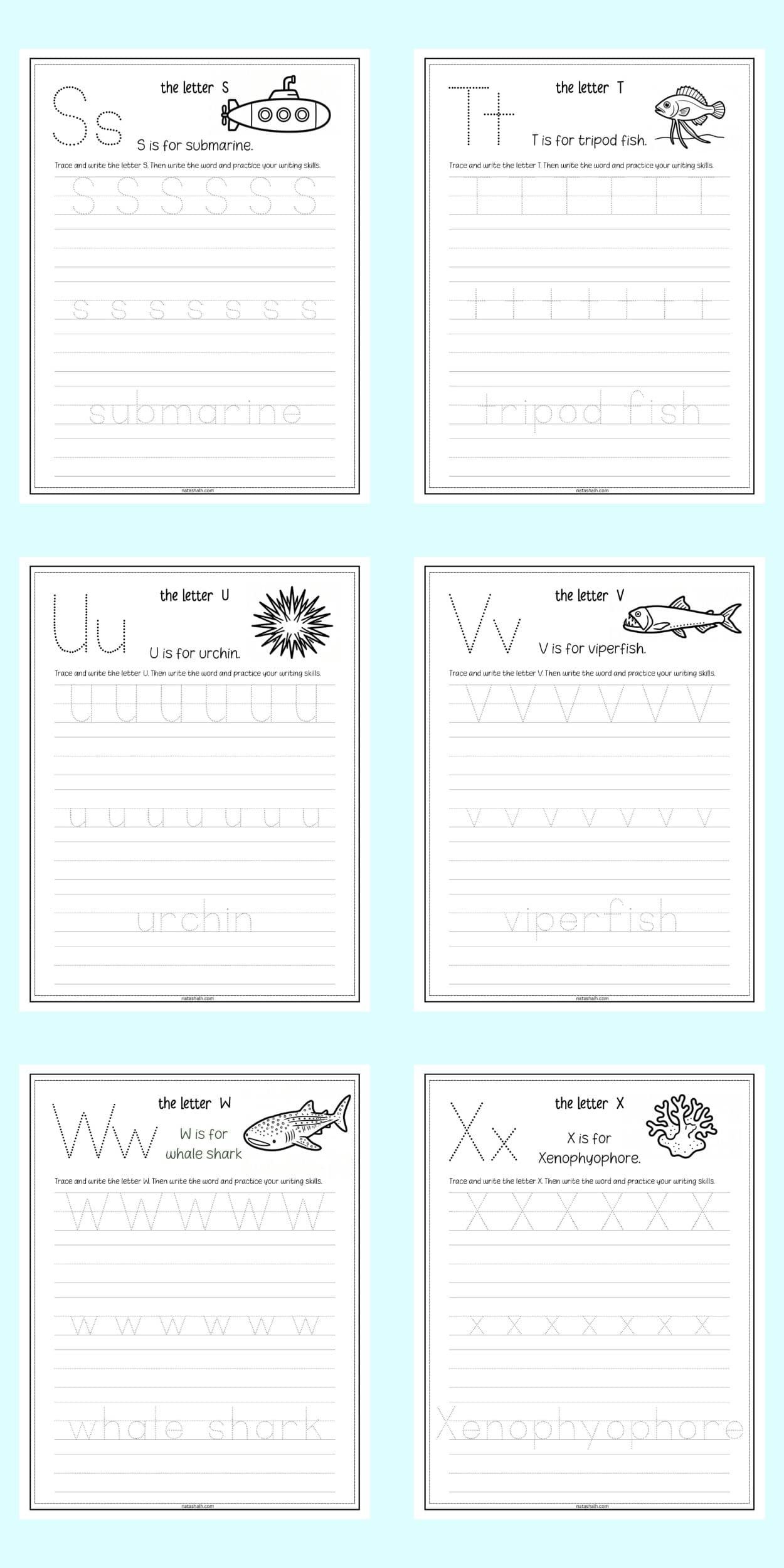 handwriting pages for letters s - x with a deep sea alphabet theme