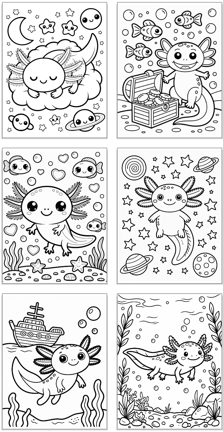 six axolotl coloring pages showing underwater scenes, other space, and a boba tea axolotl
