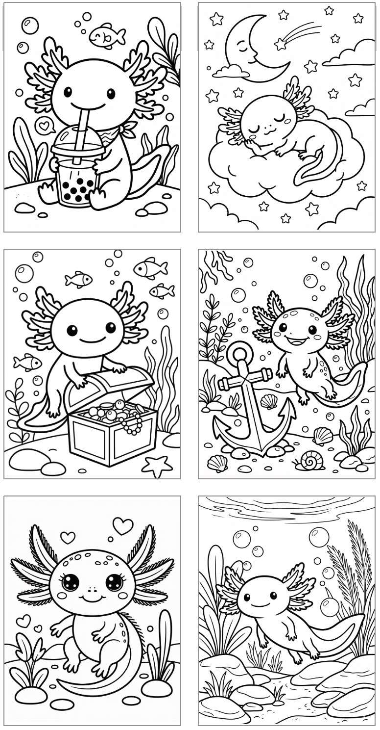 six axolotl coloring pages including underwater and space scenes