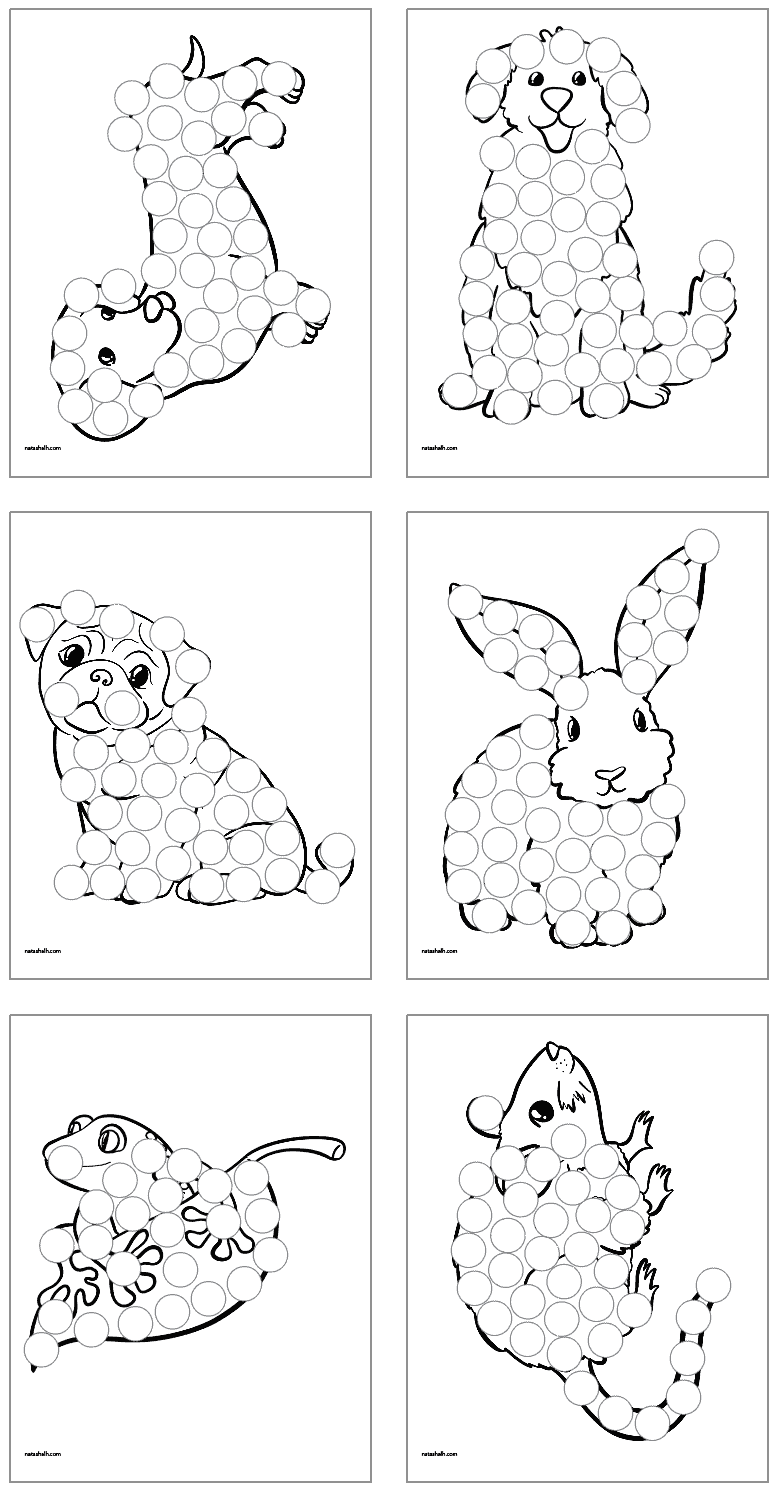 Six dot marker coloring pages for kids showing animals like a pug, a bunny, a frog, a rat, and other dogs