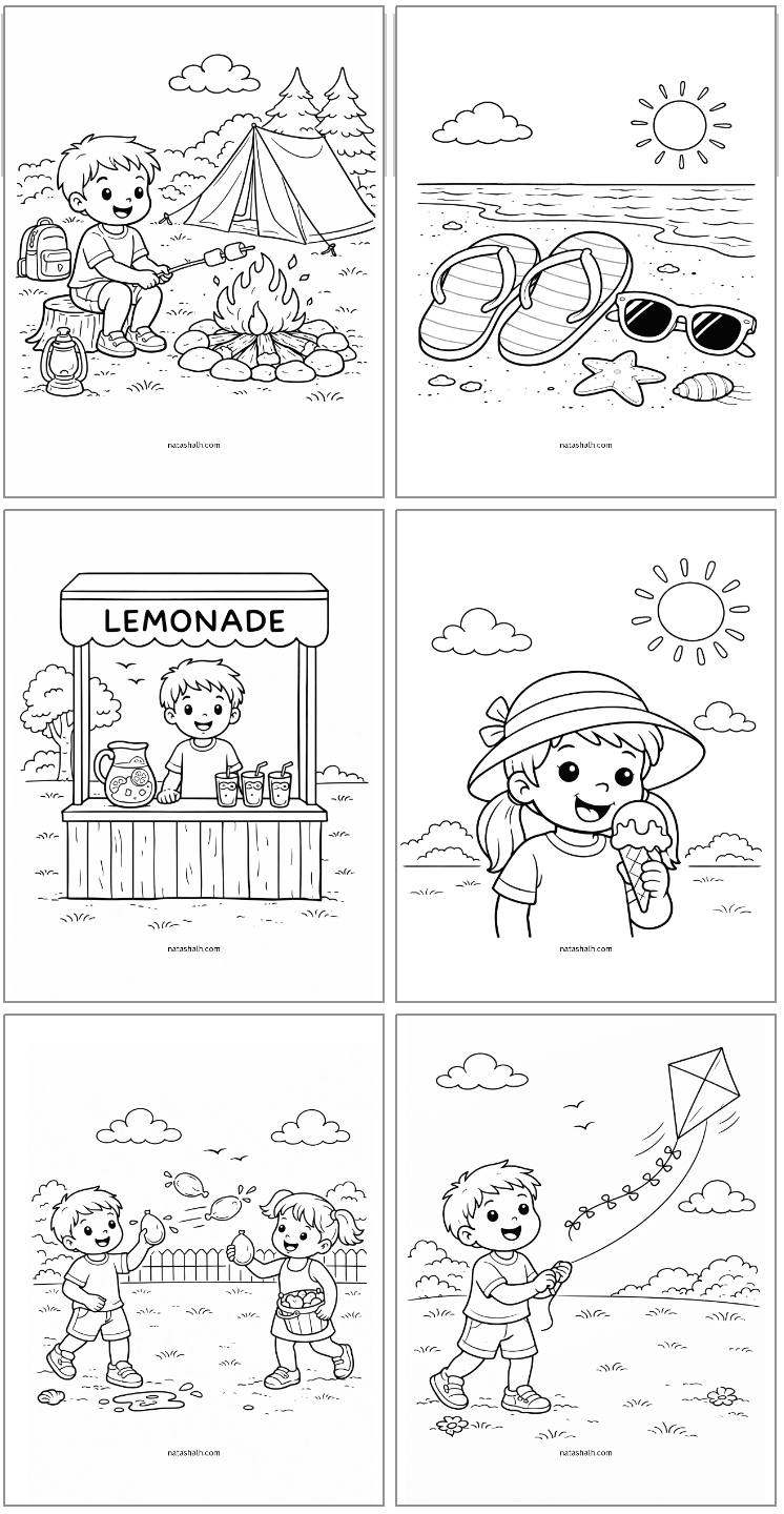 six summer coloring pages showing kids doing summer activities like having a lemonade stand, throwing water balloons, and eating ice cream