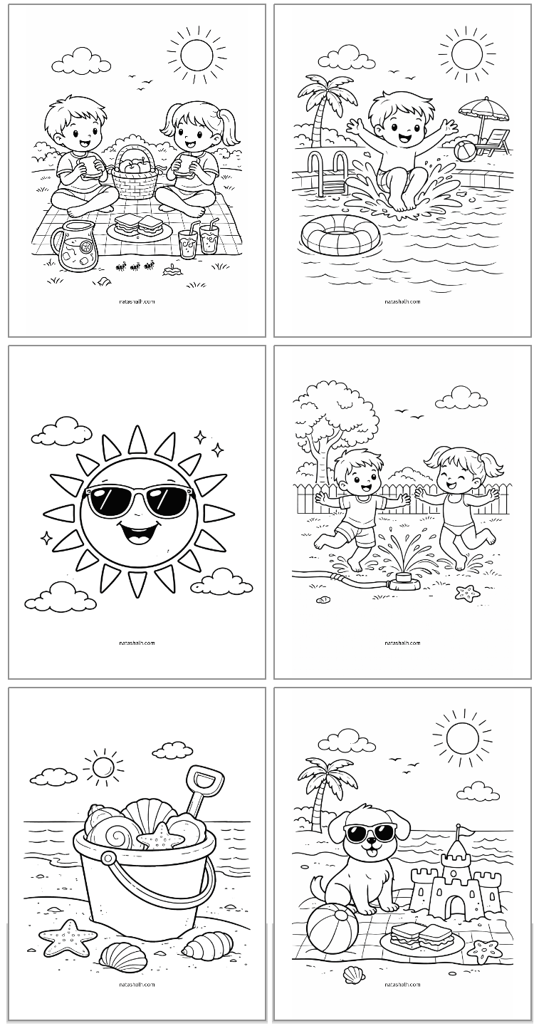 six summer coloring pages for kids showing things like buckets of sea shells, sand castles, and camping