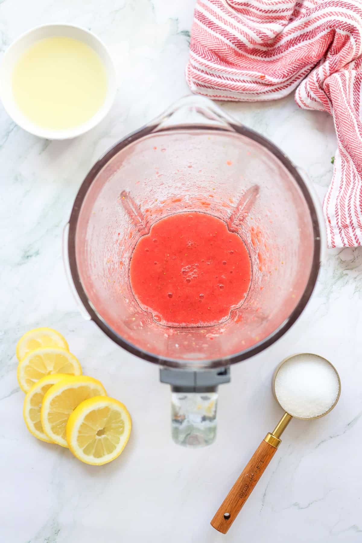 strawberries pureed in a blender