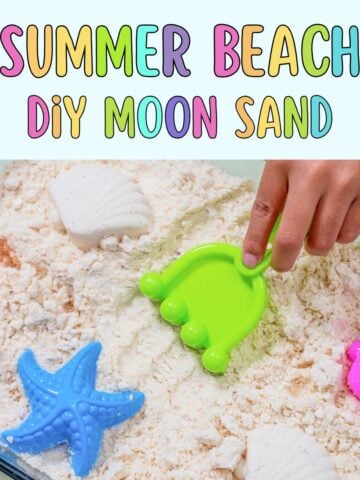 text "summer beach diy moon sand" with a picture of a child's hand playing with a small plastic rake in a bin of moon sand