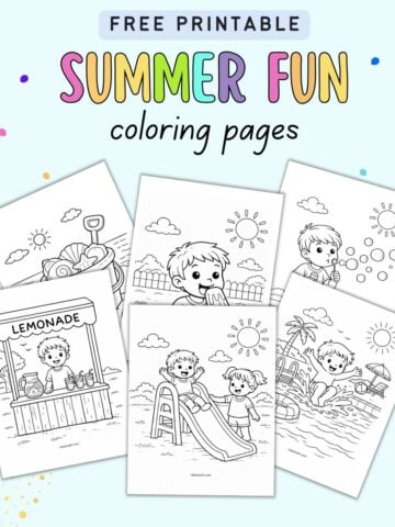 Text "free printable summer fun coloring pages" with a preview of six summer coloring sheets for kids
