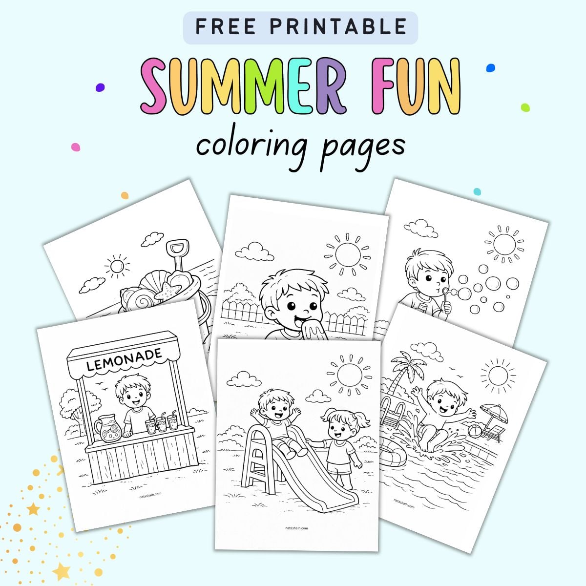 Text "free printable summer fun coloring pages" with a preview of six summer coloring sheets for kids