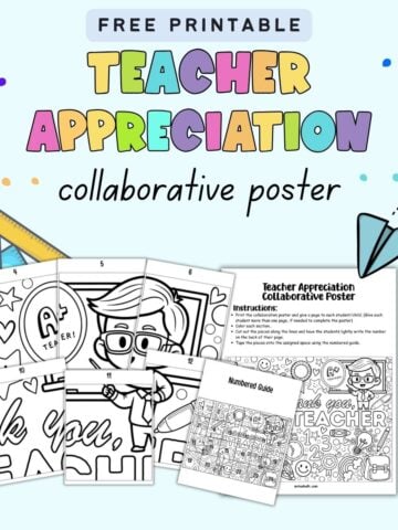 text "free printable teacher appreciation collaborative poster" with a preview of six pages