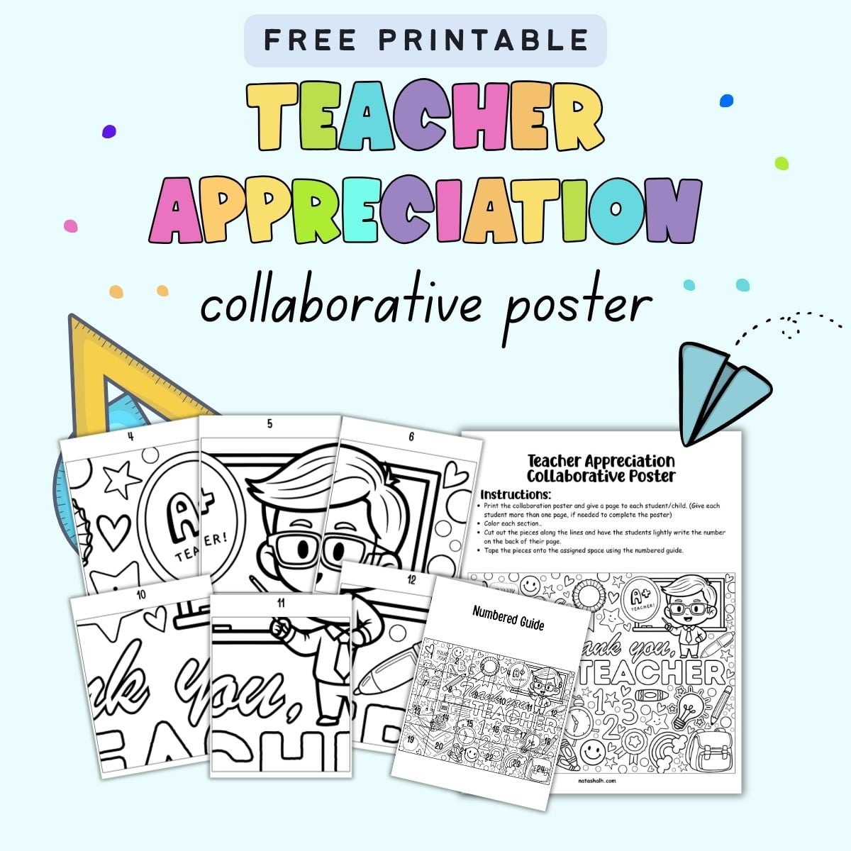text "free printable teacher appreciation collaborative poster" with a preview of six pages