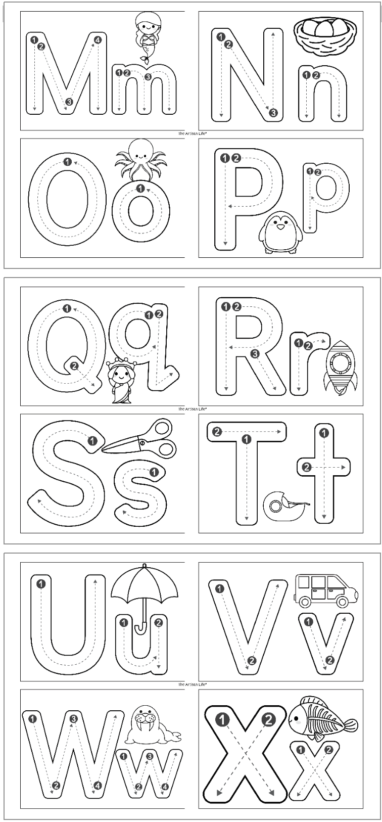 alphabet tracing cards with correct letter formation graphics for letters q - x