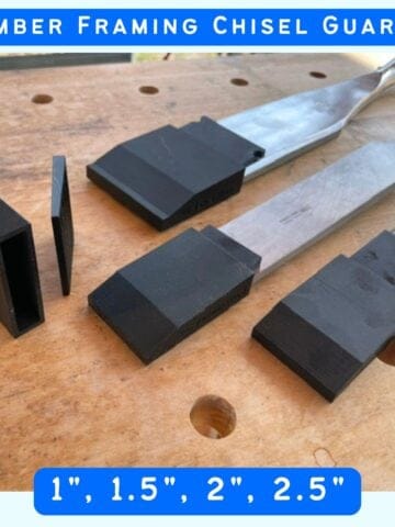 text "timber framing chisel guards 1, 1.5, 2, and 2.5" with a picture of three chisels with black chisel edge guards