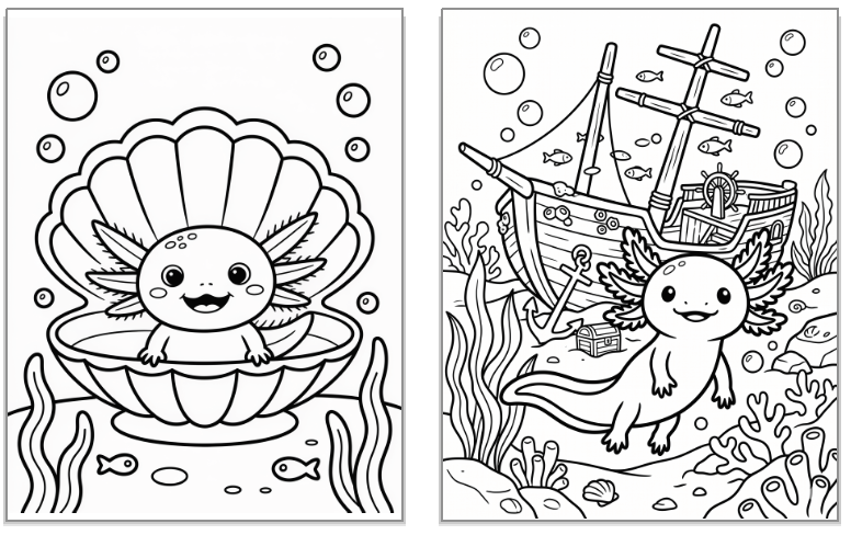 two cute axolotl coloring pags
