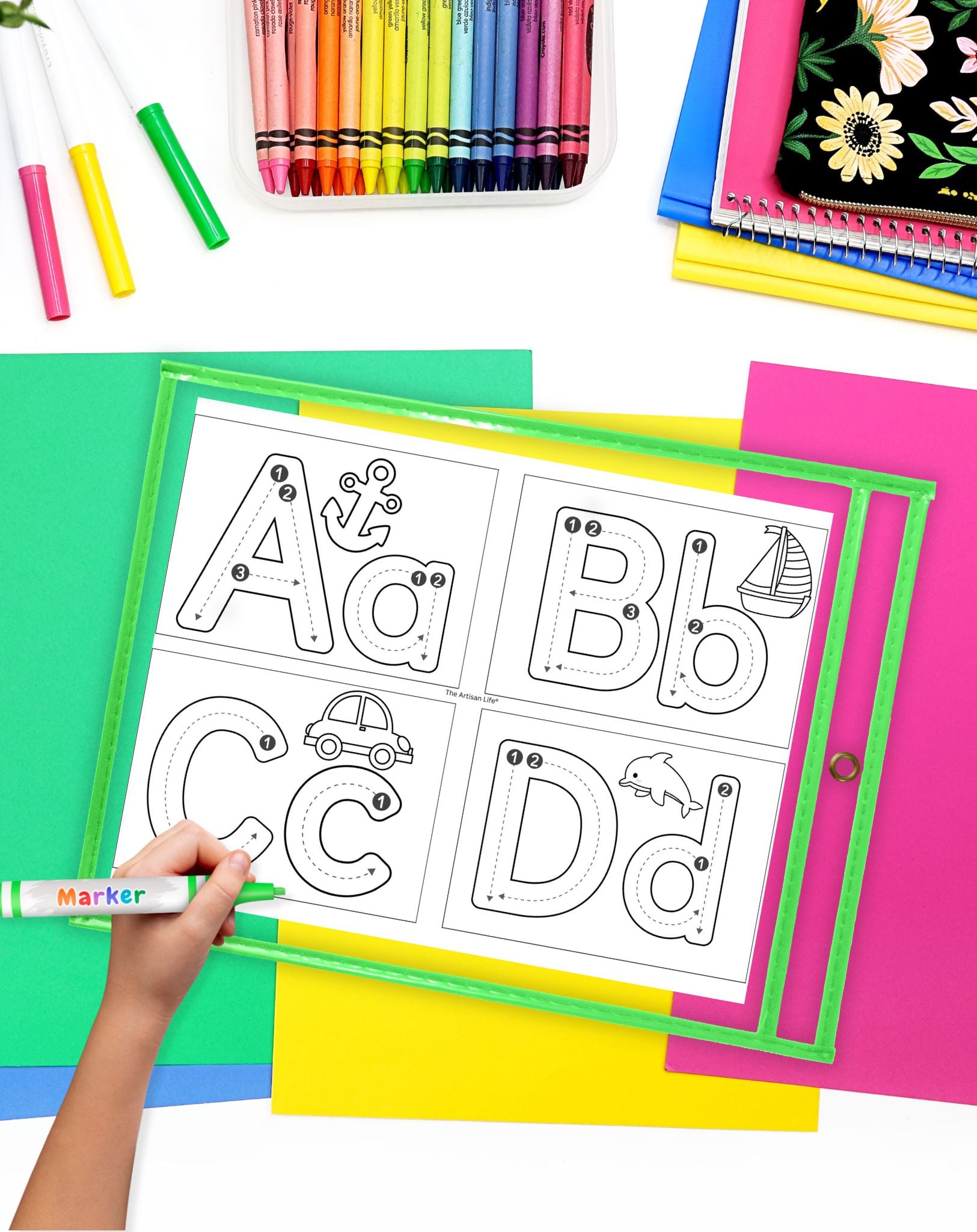a page of alphabet tracing cards a - d in a dry erase pocket