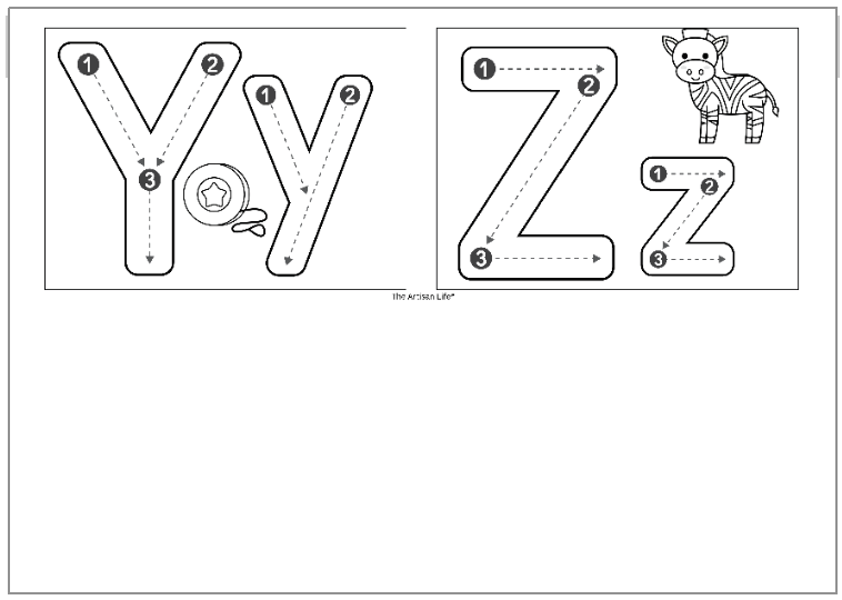 alphabet tracing cards with correct letter formation graphics for letters y - z