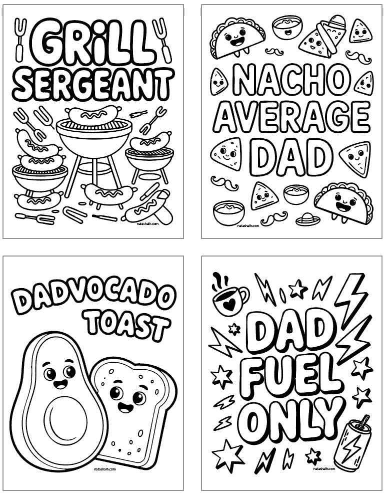 four dad joke coloring pages with puns like "grill sergeant" and "nacho average dad" for Father's Day
