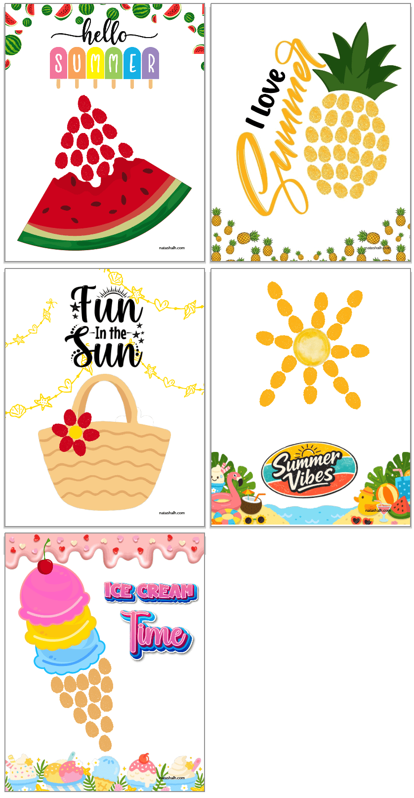 five example summer finger print art templates including a watermelon, pineapple, beach bag, sun, and ice cream