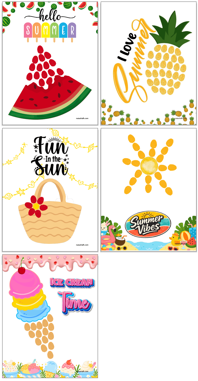 five example summer finger print art templates including a watermelon, pineapple, beach bag, sun, and ice cream