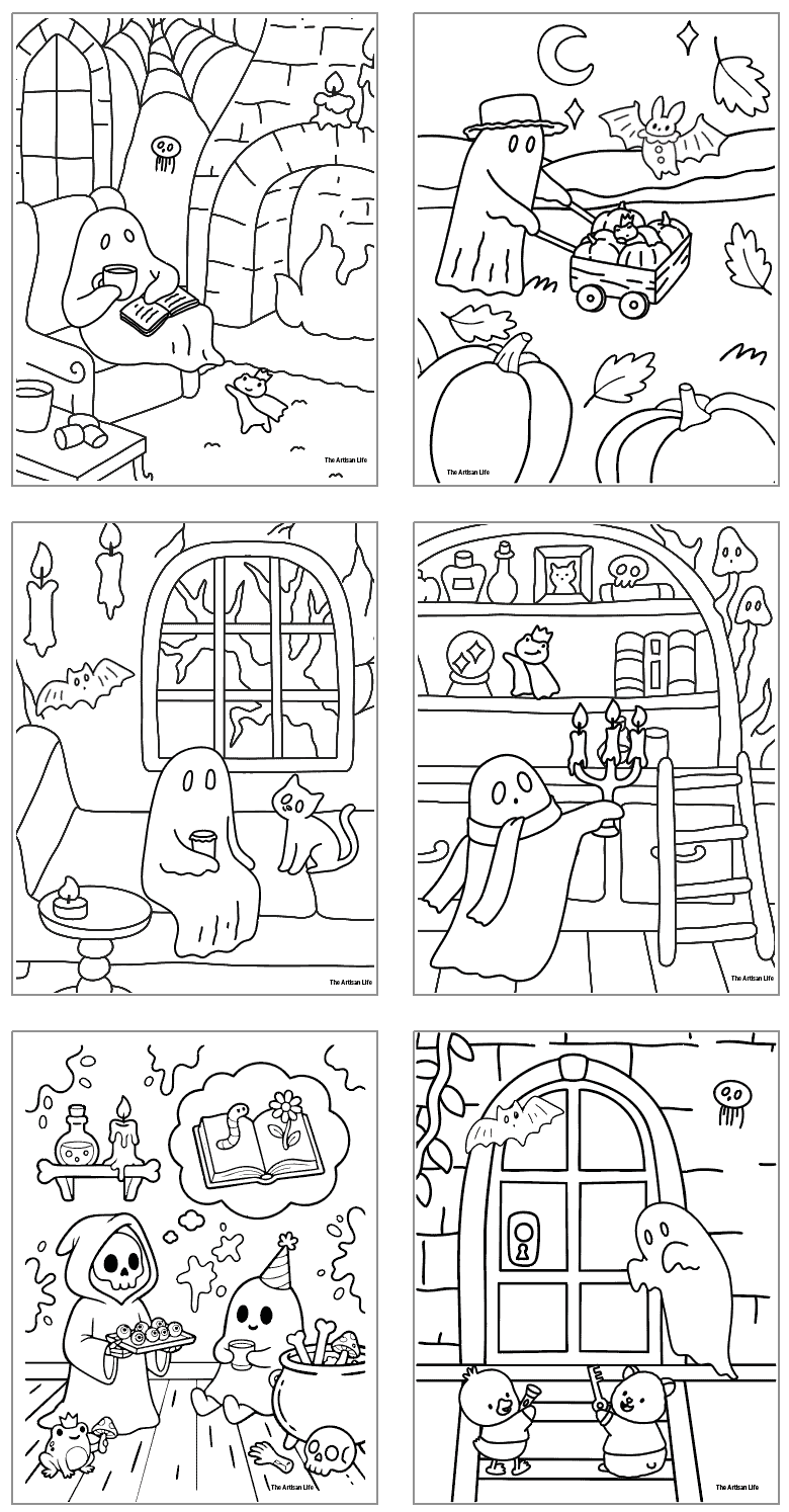 six spooky cute coloring pages