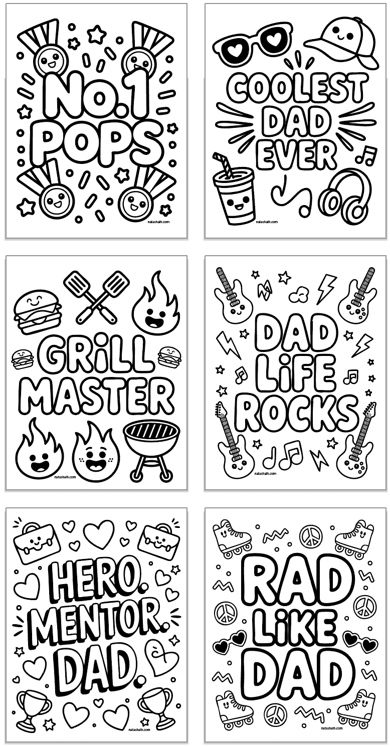 six bold and easy style coloring pages with Father's Day satins like "coolest dad ever" and "dad life rocks"