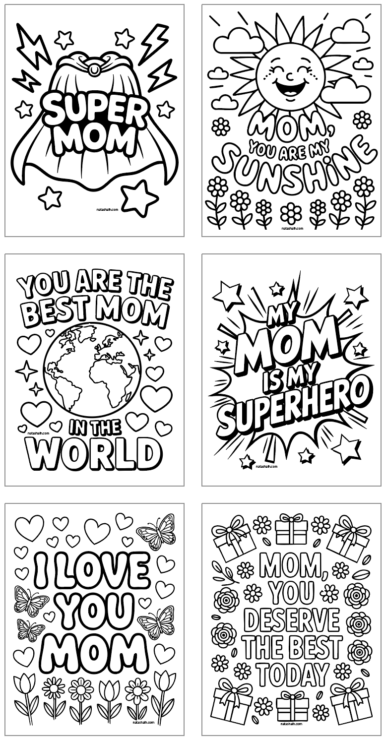 six easy Mother's Day coloring pages with bold, easy designs for young children to color