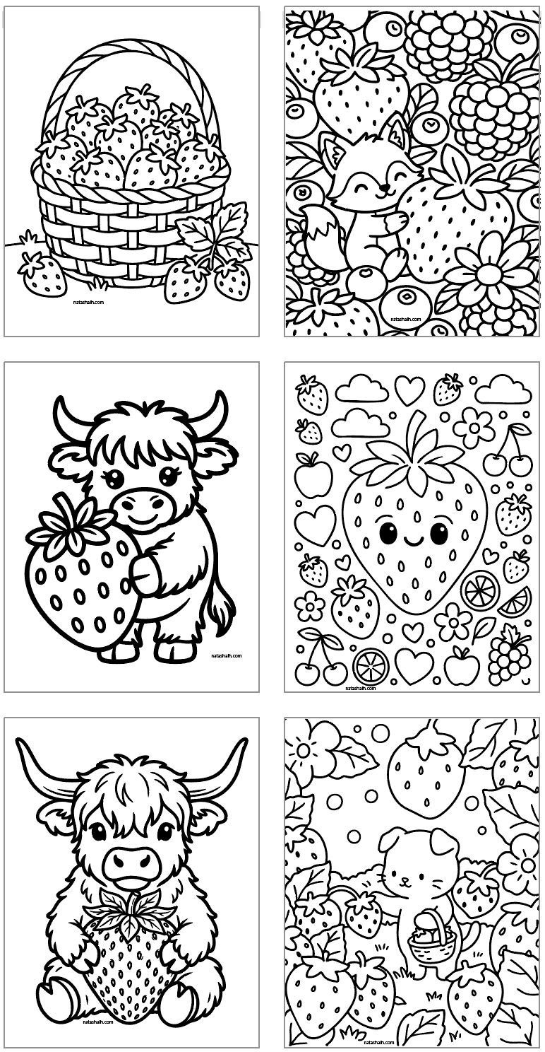 six strawberry coloring pages including a realistic strawberry coloring page, two coloring pages showing a cow with a strawberry, and cute strawberry coloring pages
