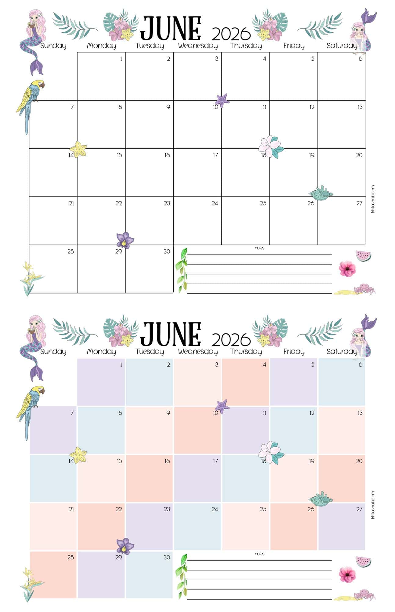 Two dated June 2026 calendars. One is full color and one is partial color. Both have a tropical mermaid theme.