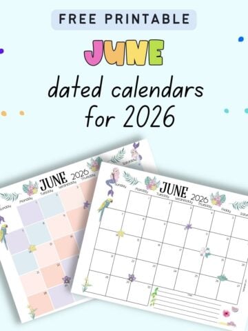 text "free printable June dated calendars for 2026" with a preview of two dated June calendar sheets