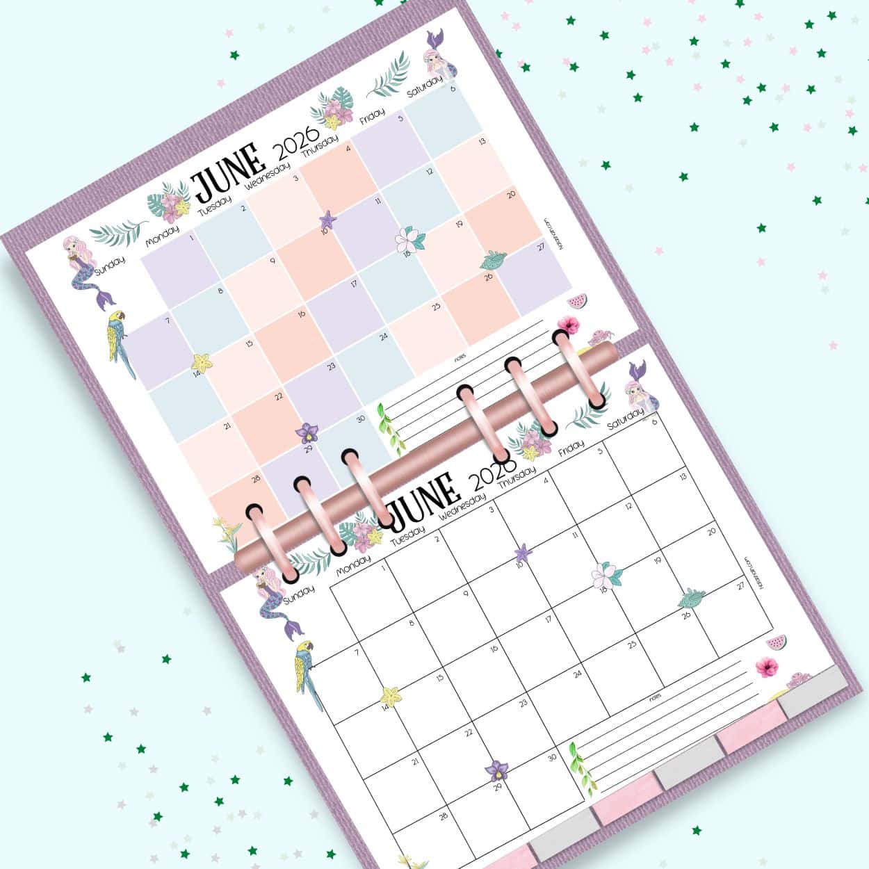a mockup of a ring bound planner with two pages of June 2026 dated calendars