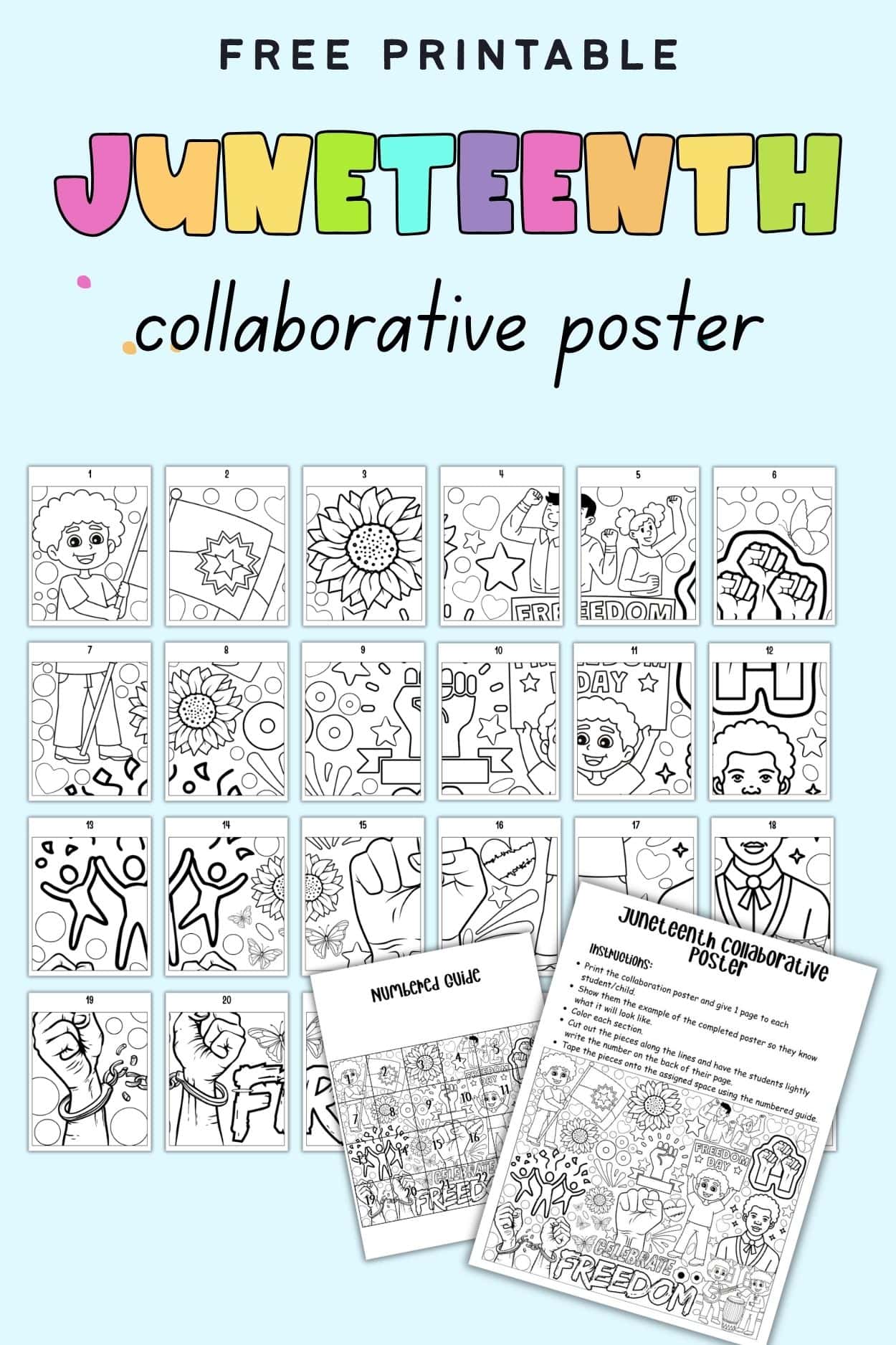 text "free printable Juneteenth collaboration poster" with a preview of pages of a 24 page collaborative poster