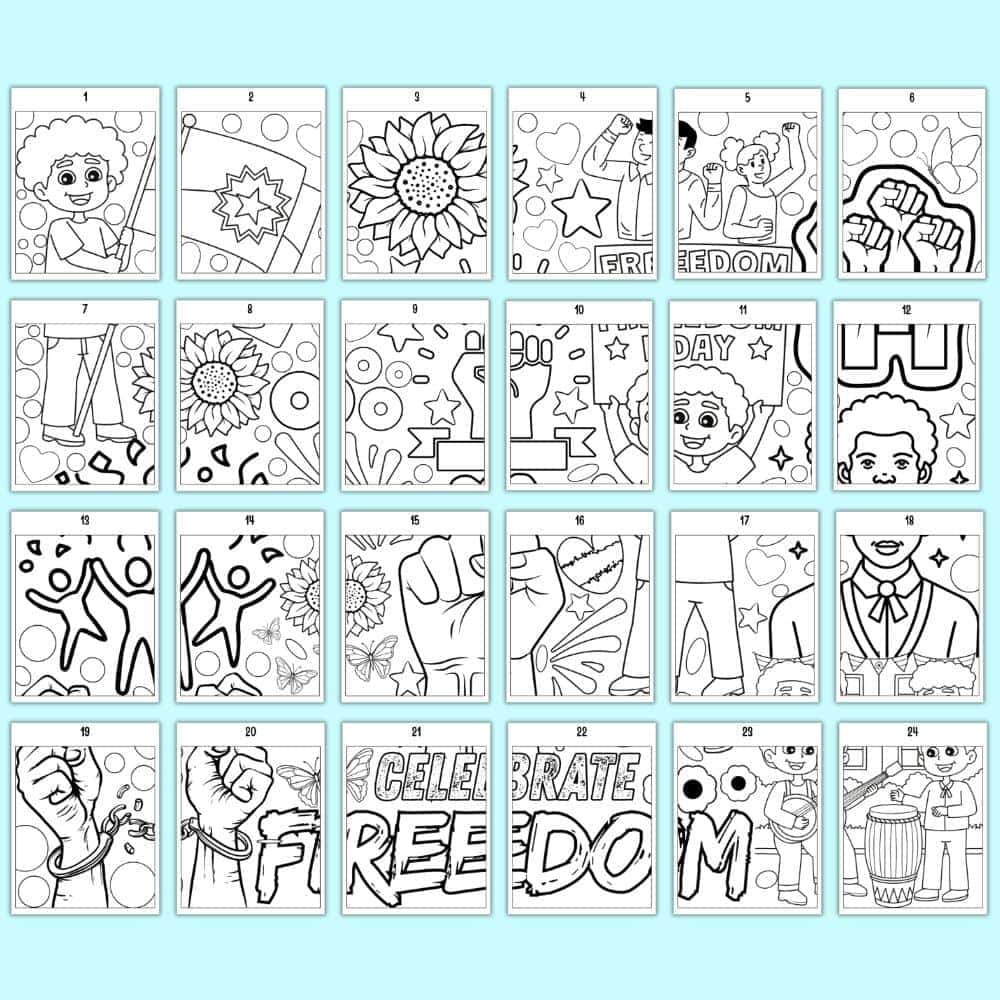 24 pages of collaborative coloring for a Juneteenth classroom poster