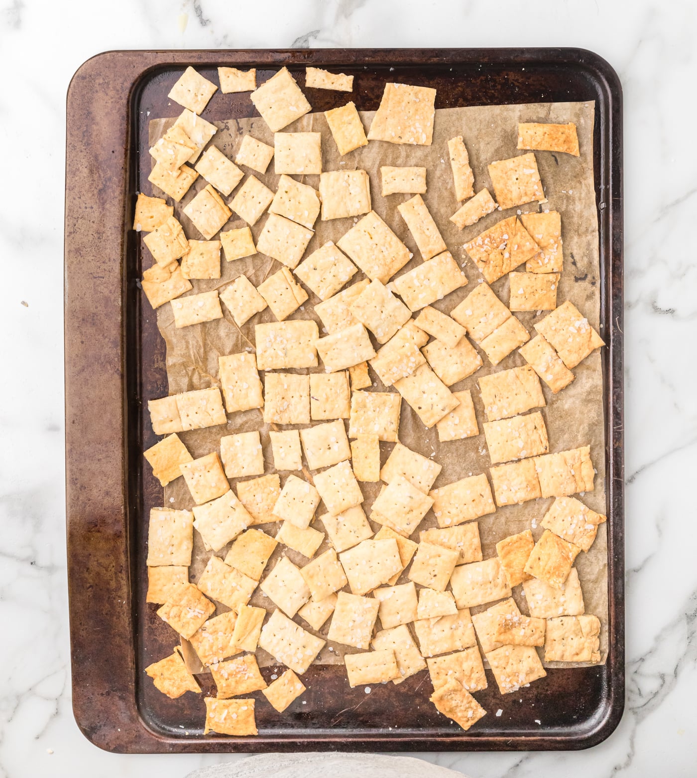 sourdough discard cracker dough on a baking sheet after cooling and snapping