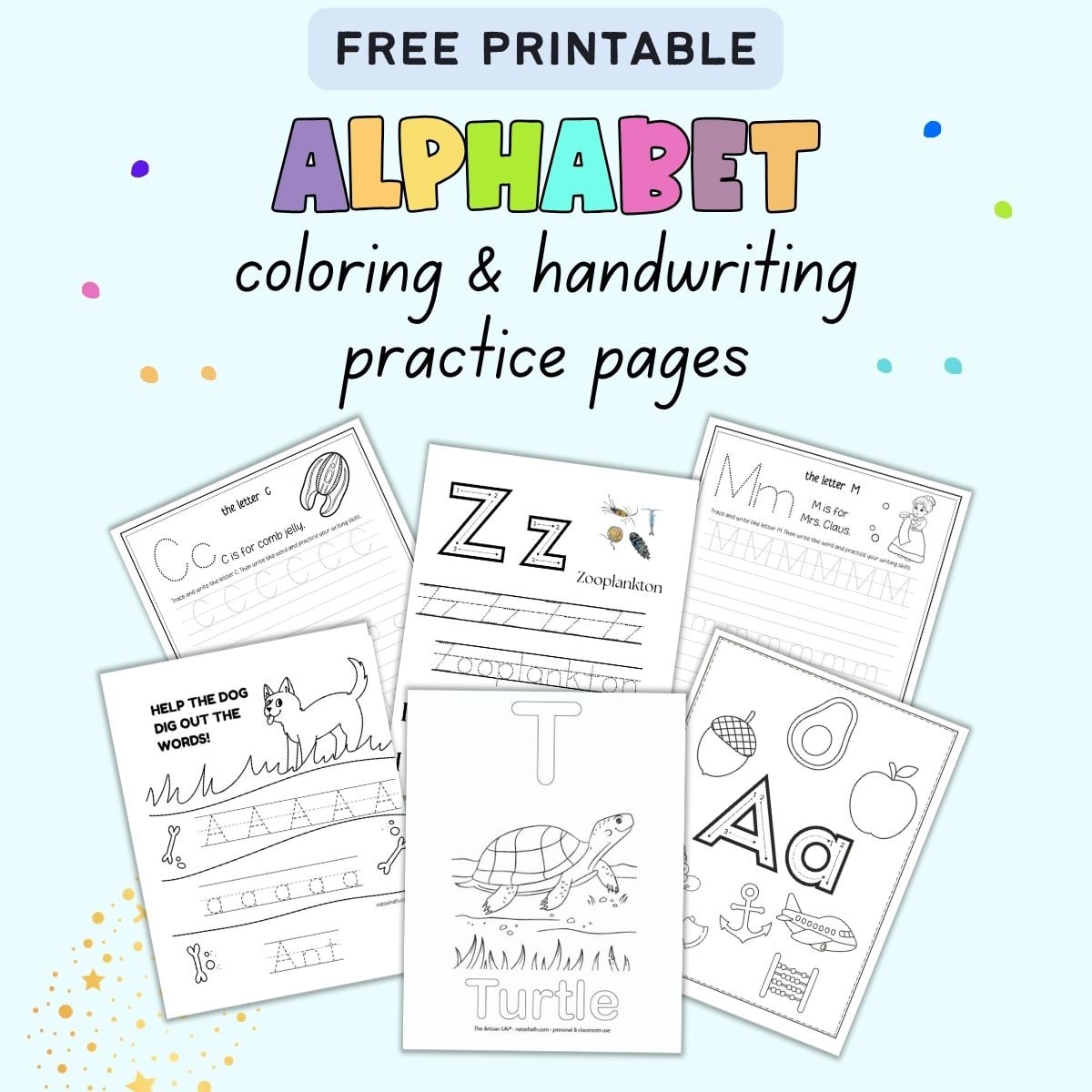 text "free printable alphabet coloring and handwriting practice pages" with a preview of six different alphabet coloring and handwriting pages
