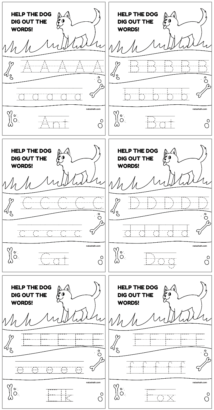 a preview of two alphabet tracing pages with uppercase and lowercase letters to trace an animal name. Letters are a - h