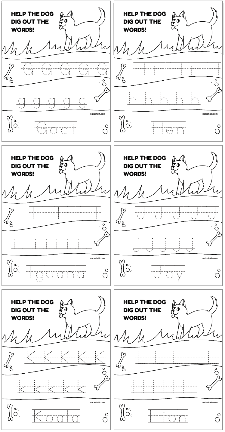 a preview of two alphabet tracing pages with uppercase and lowercase letters to trace an animal name. Letters are g-l